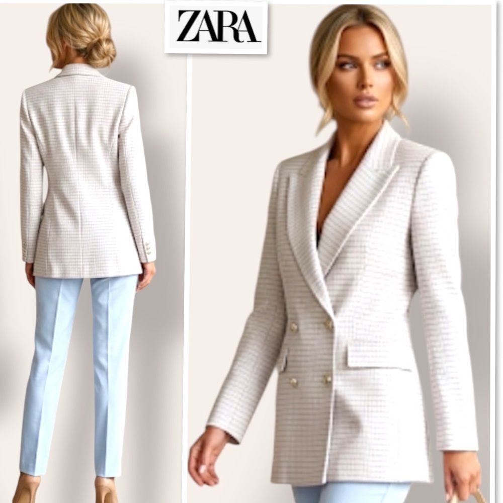 ZARA NWT Woman Glen Plaid Double Breasted Blazer Blue Pink Beige Size XS